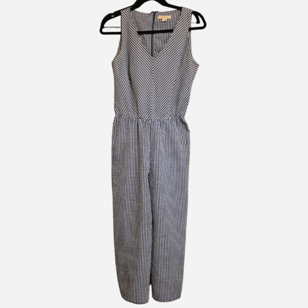 Prelude • Sleeveless V-Neck Wide-Leg Romper. Blue/White Seersucker.  Sz XS.